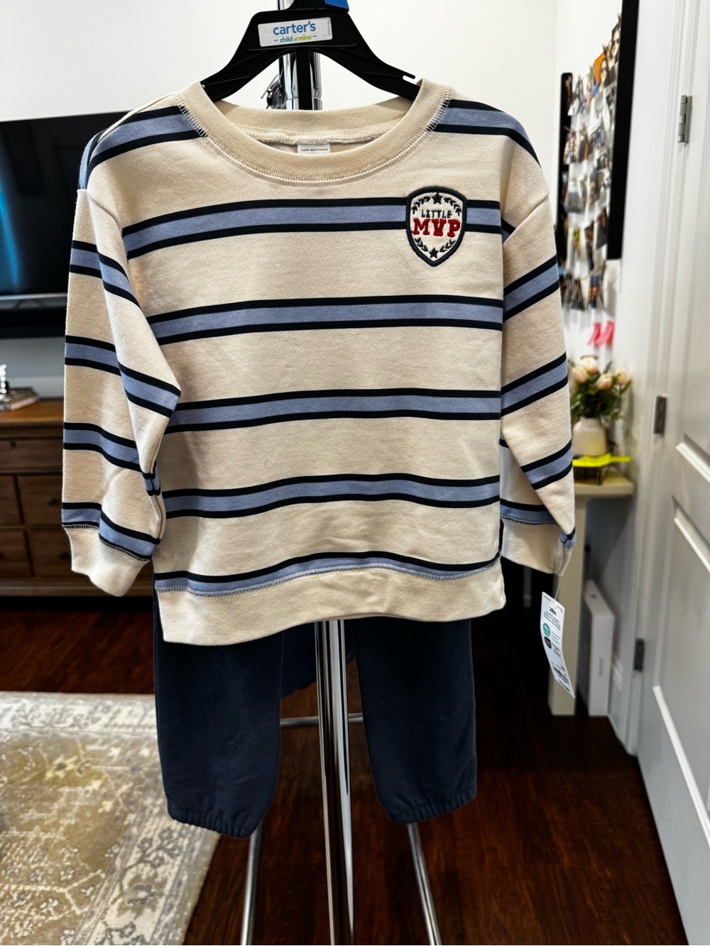 Carter's Beige and Blue Striped Kids Matching Set
